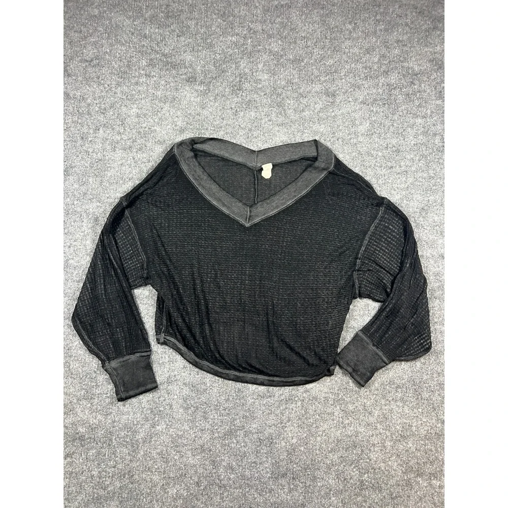 Free People We The Free South Side Thermal Top Women XS Black Cotton Waffle Knit